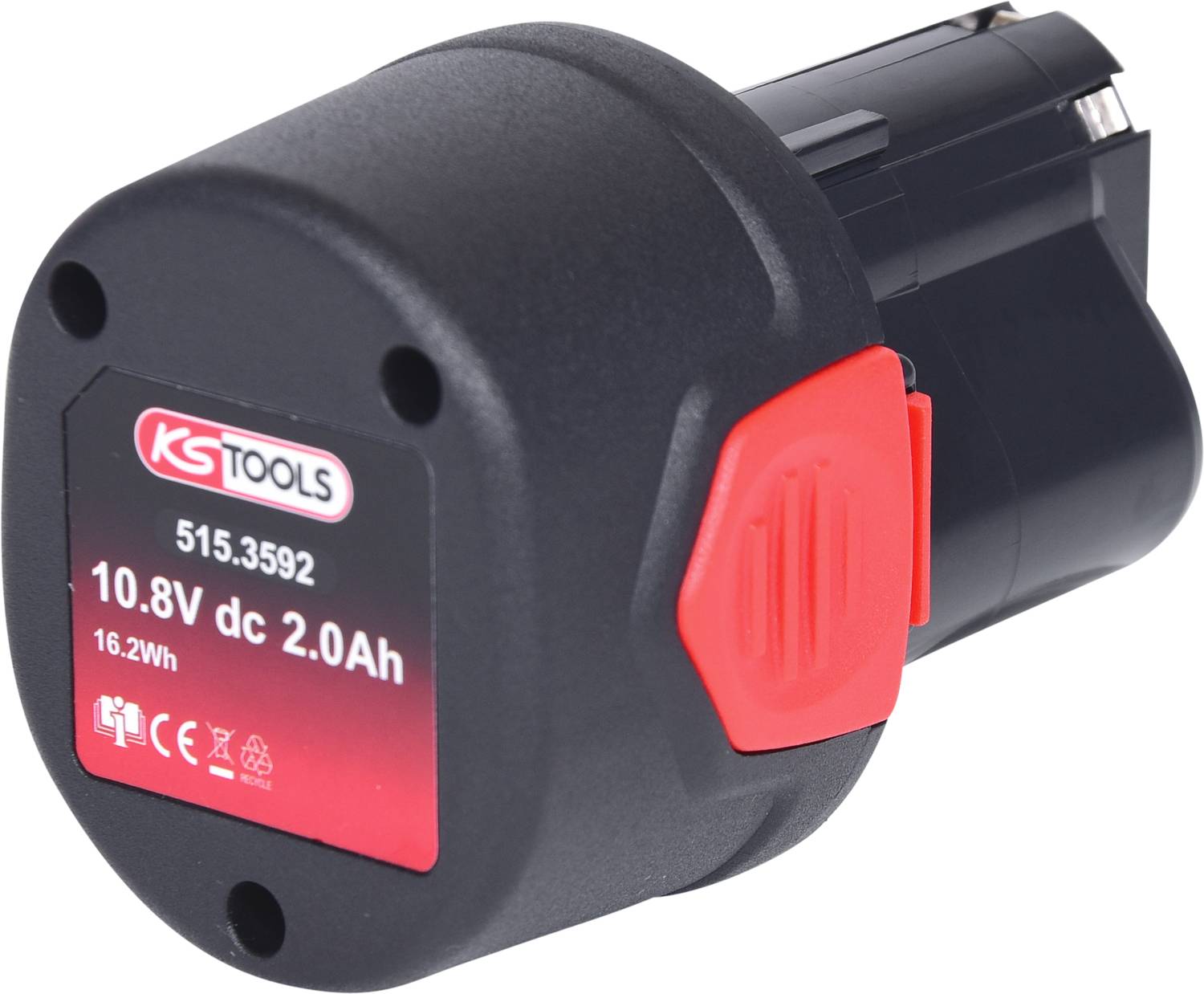 Schwarzer Akku mit rotem Label von KS Tools, Modell 515.3592, zeigt Spezifikationen: 10.8V, 2.0Ah, 16.2Wh.