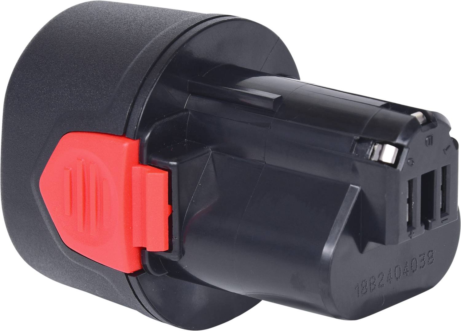 Ein schwarzer Akku mit einem roten Sicherheitsknopf.