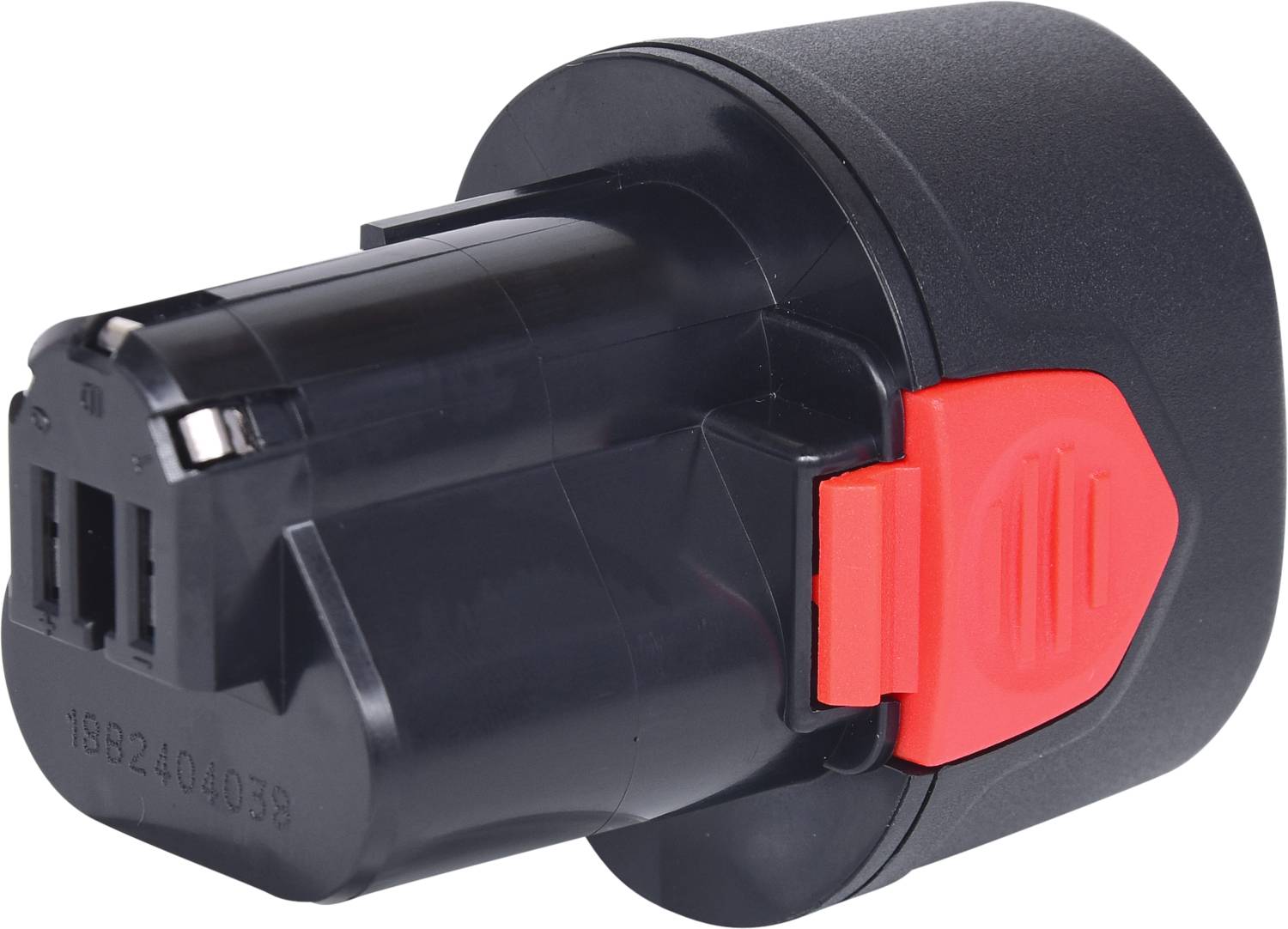Ein schwarzer Akkupack mit einem roten Verschluss, häufig in tragbaren Werkzeugen verwendet.