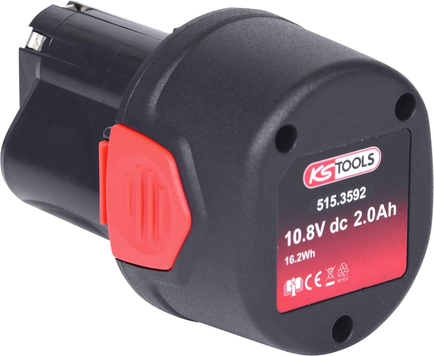 Schwarzer und roter Akku mit 10,8 V und 2,0 Ah, Markenaufdruck 'KS Tools'.