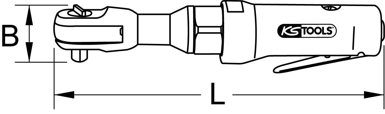 'KS Tools' elektrische Ratsche. Hervorgehoben sind Länge (L) und Höhe (B). Werkzeug für mechanische Arbeiten.
