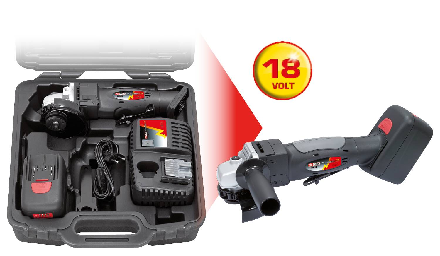 Ein Akku-Winkelschleifer-Set wird in einem geöffneten Koffer gezeigt. Enthalten sind der Schleifer, Ladegerät und Akku. Ein Badge zeigt '18 Volt'.