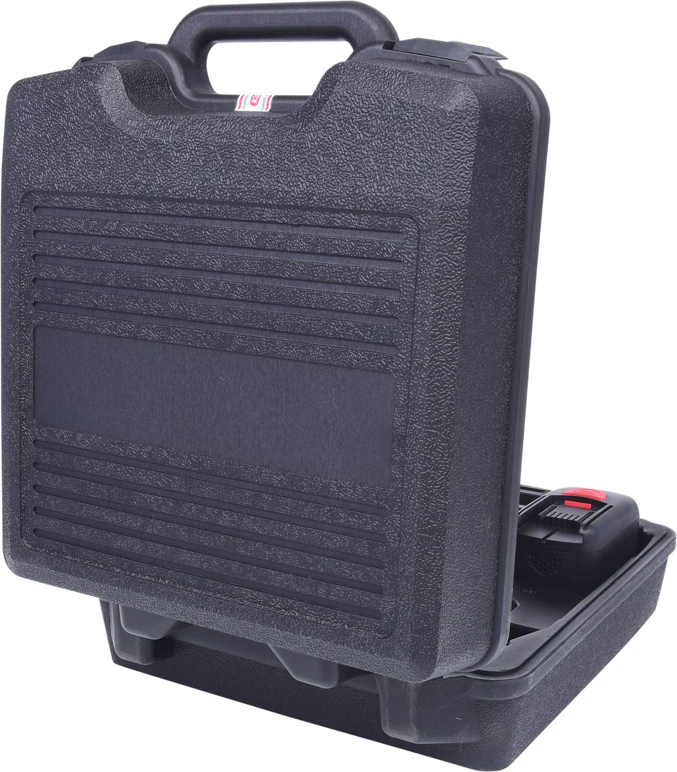 Schwarzer, offener Werkzeugkoffer mit Tragegriff, zeigt innen eine herausnehmbare Akkuhalterung. Koffermaterial wirkt robust.