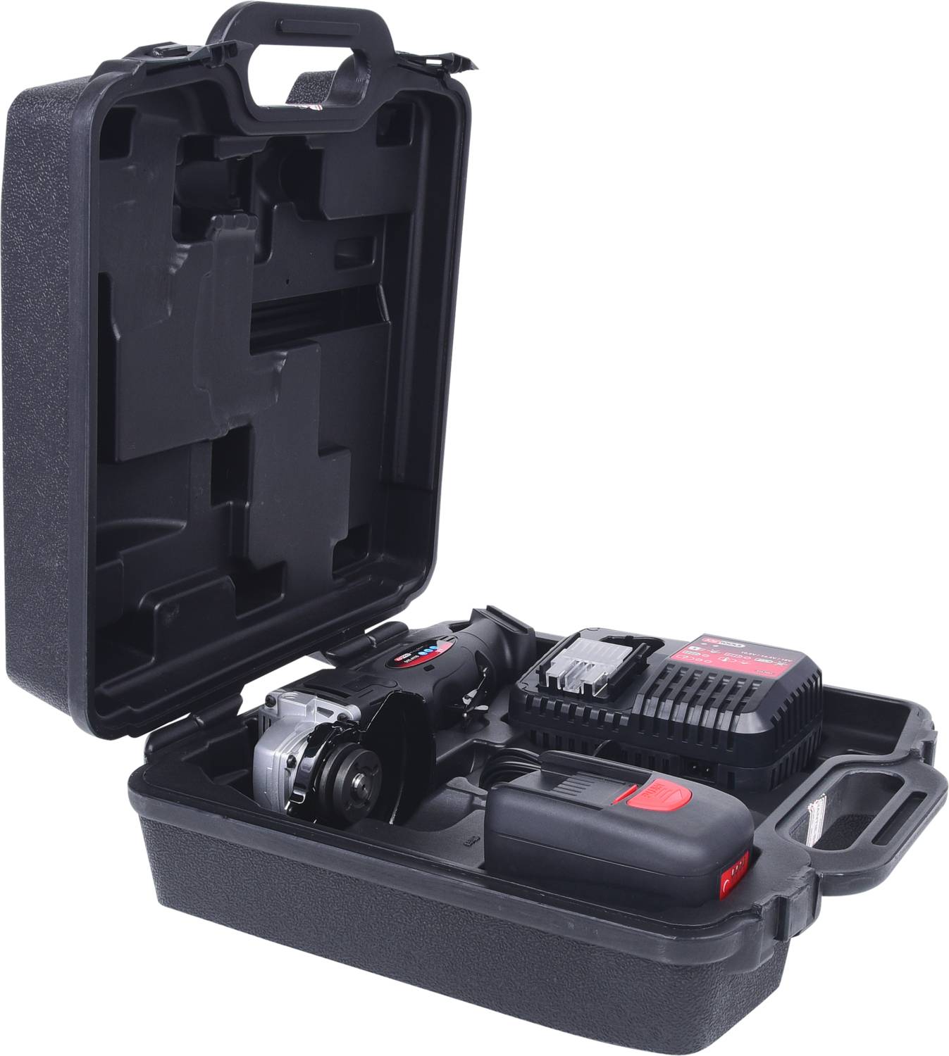 Ein offener schwarzer Koffer mit einer handlichen Akku-Winkelschleifer, einem Ladegerät und einem Akku. Ideal für tragbare Nutzung.