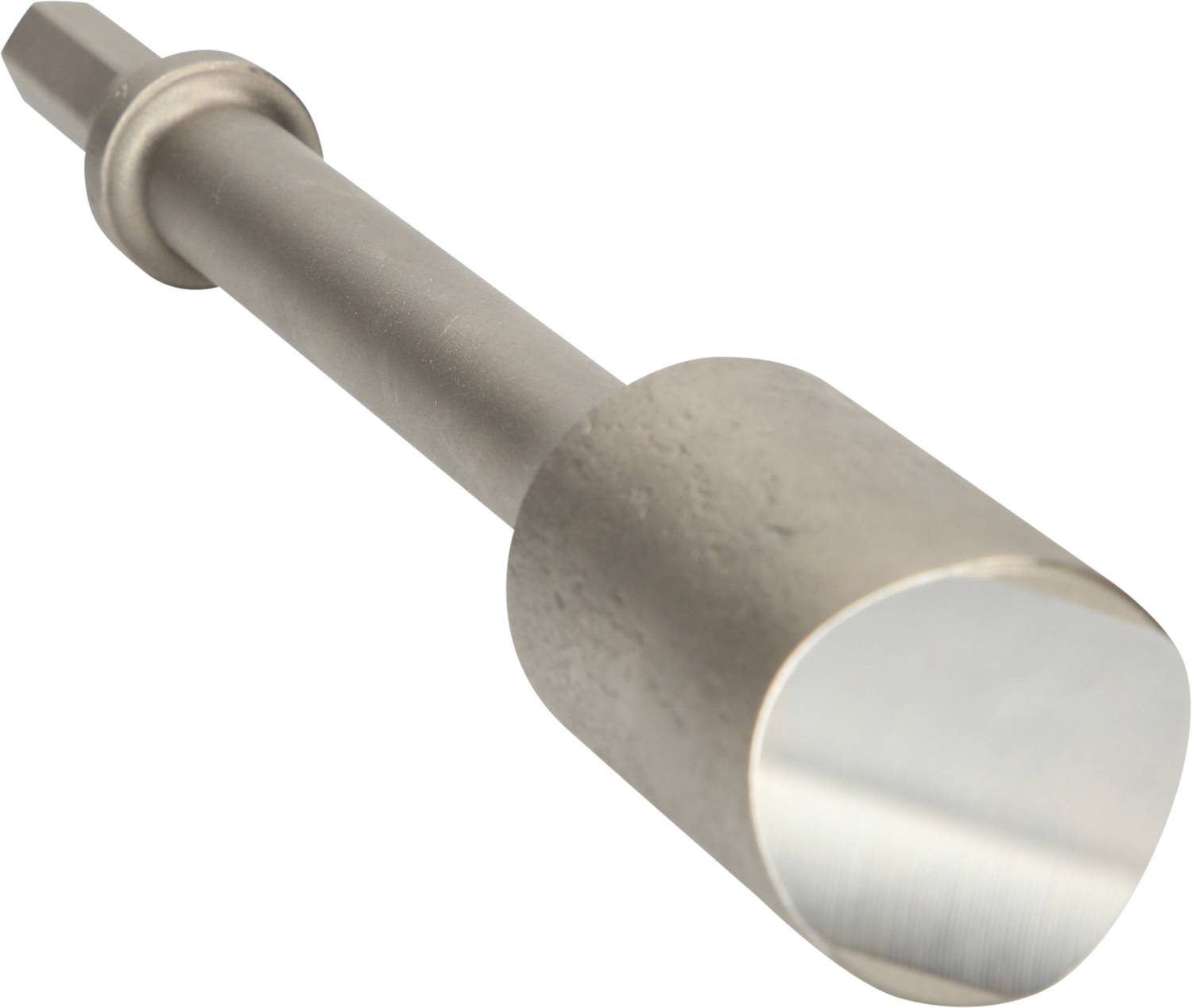 Ein zylindrisches Werkzeug aus Metall mit einem Griff und einer glatten, abgerundeten Arbeitsfläche. Es dient zum Polieren.