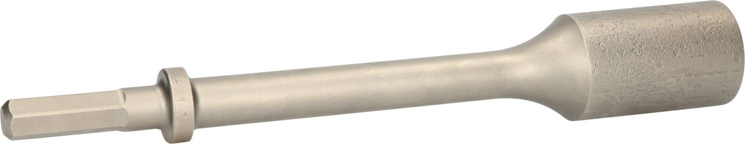 Ein silberner Steckschlüsseleinsatz mit sechseckiger Öffnung und zylindrischem Griff, verwendet für Muttern oder Schrauben.