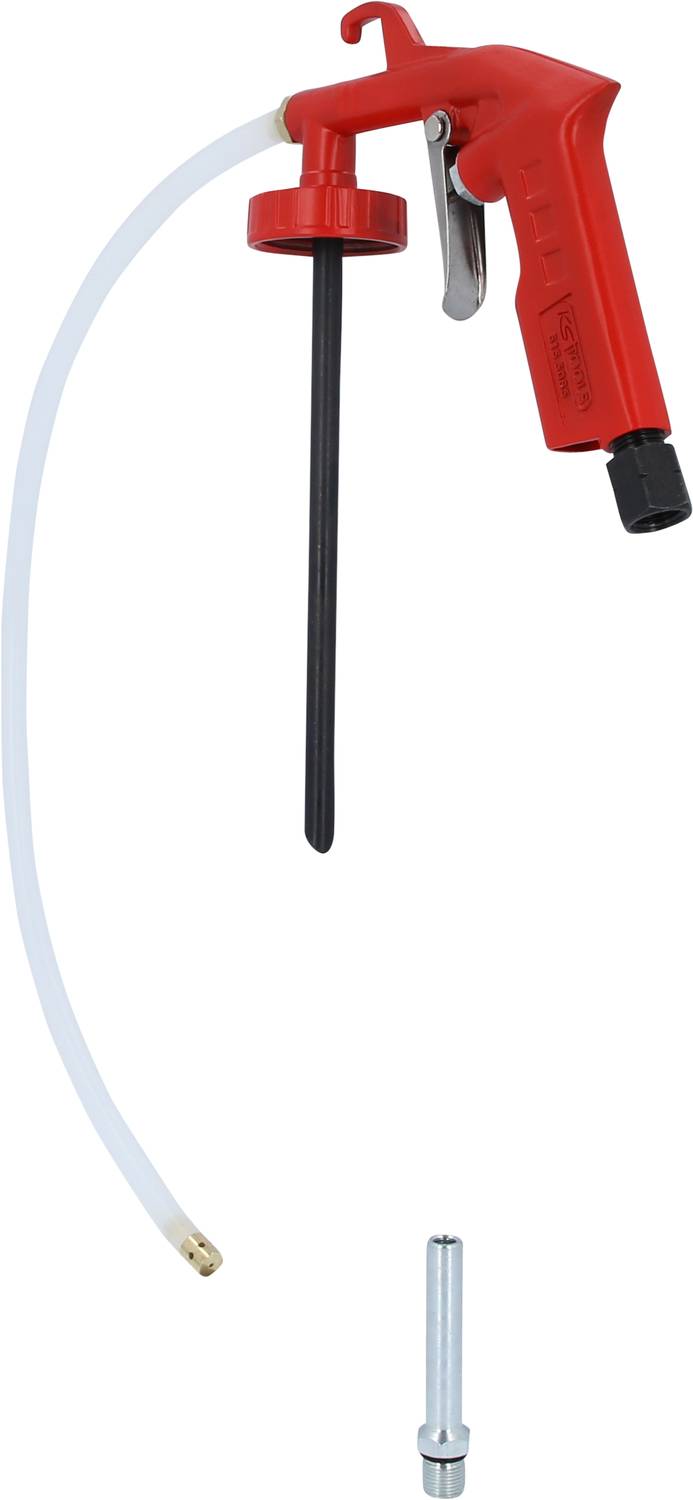 Rote Ölpumpe mit langem, flexiblem Schlauch und separater Düse.
