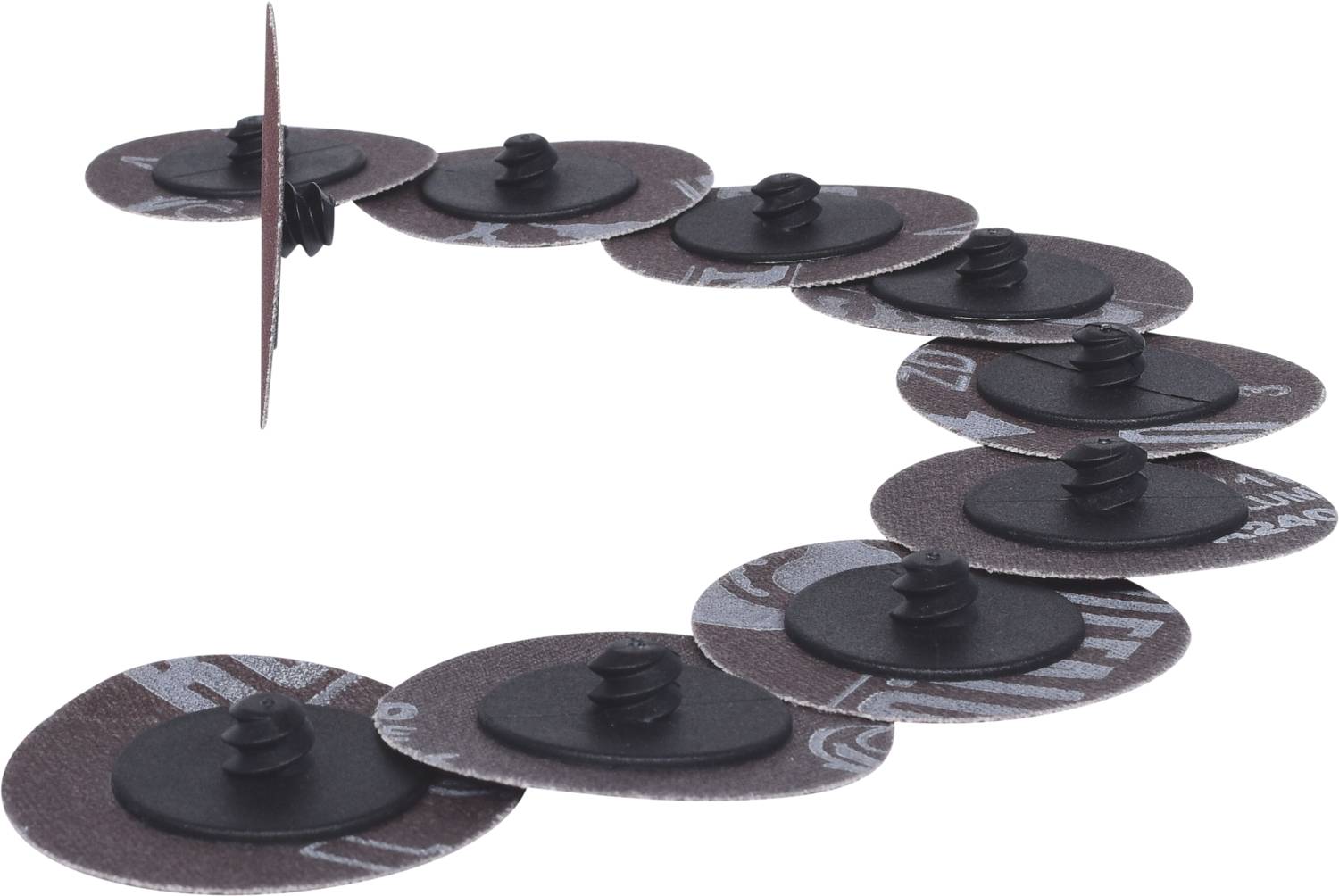 Dunkelbraune Schleifscheiben, verbunden, mit schwarzen Schrauben in der Mitte, auf weißem Hintergrund.