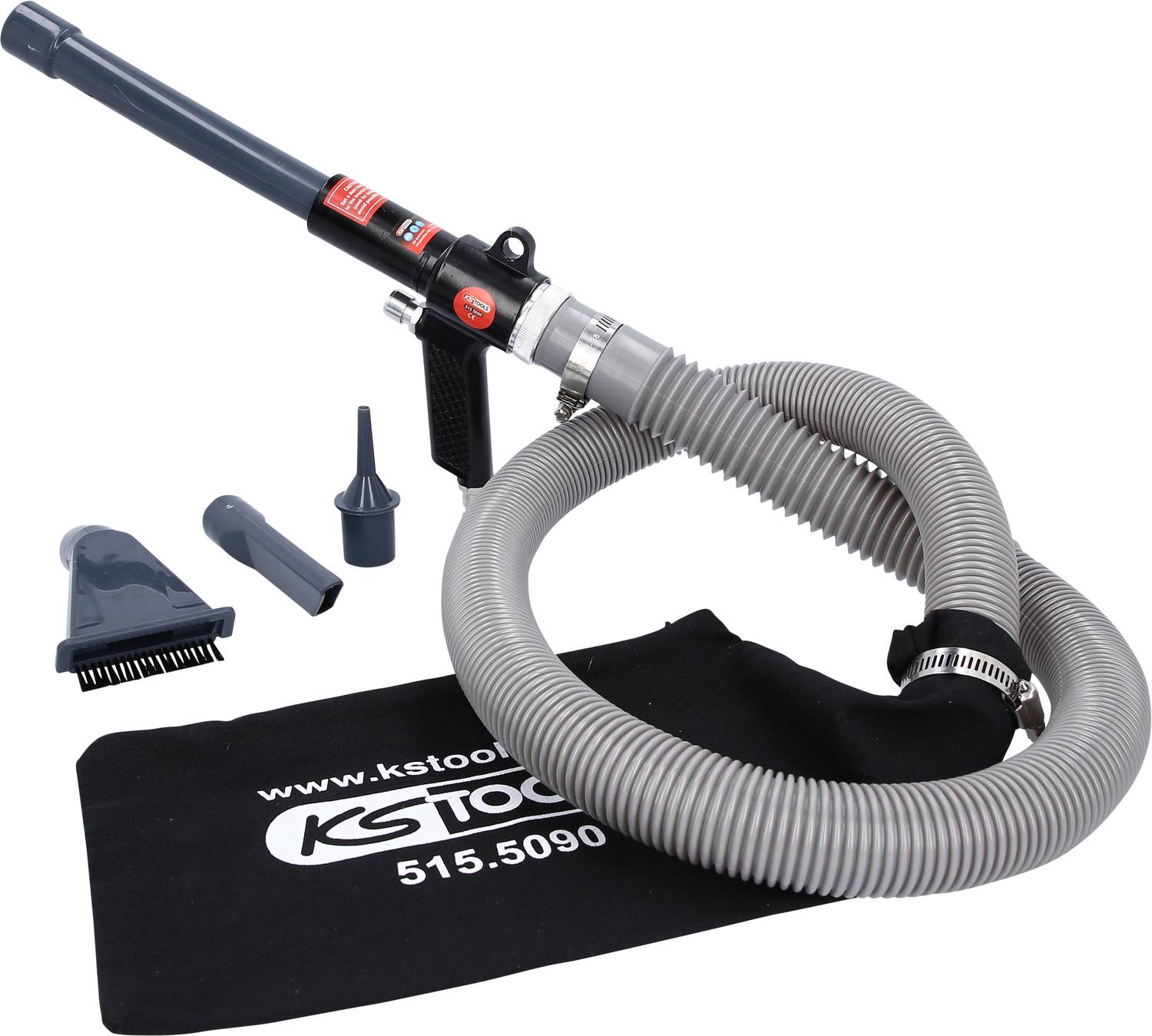 Staubsauger-Set mit grauem Schlauch, verschiedenen Düsenaufsätzen und einer schwarzen Tragetasche mit der Aufschrift 'KS Tools'.