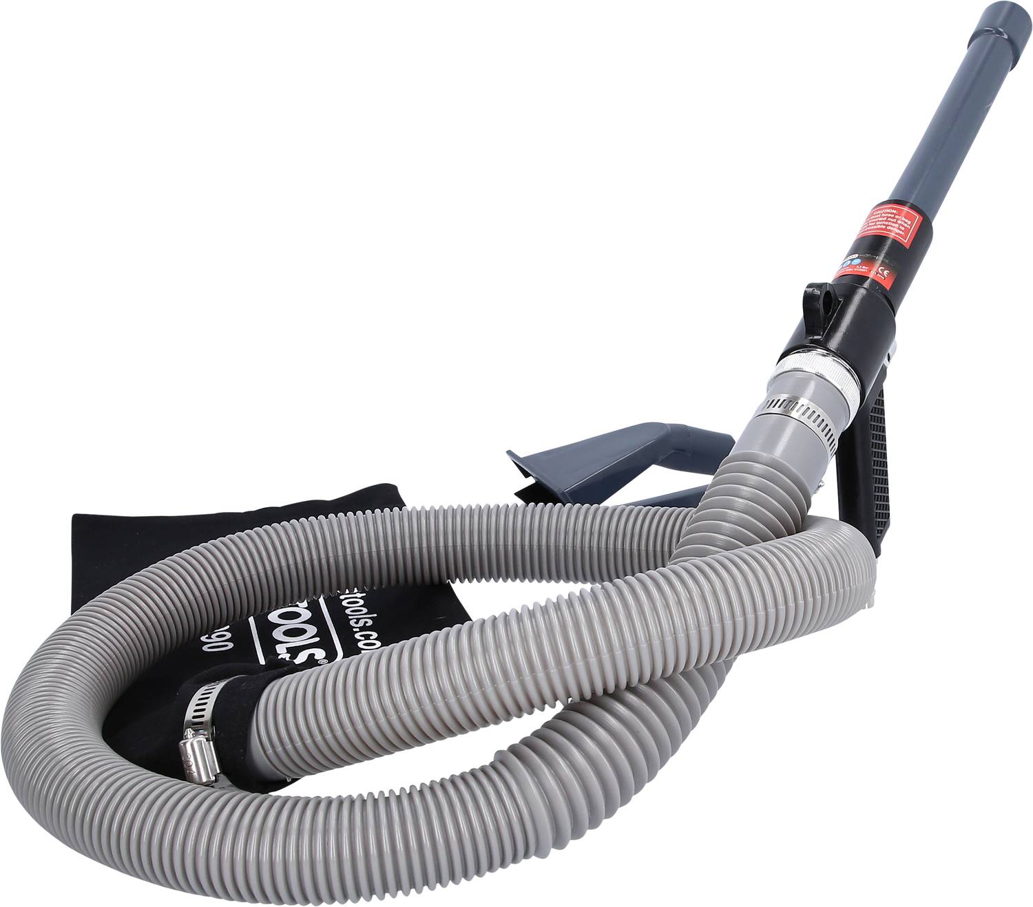 Staubsauger-Aufsatz mit flexiblem Schlauch und schwarzem Beutel, geeignet für Teppich- und Polsterreinigung.
