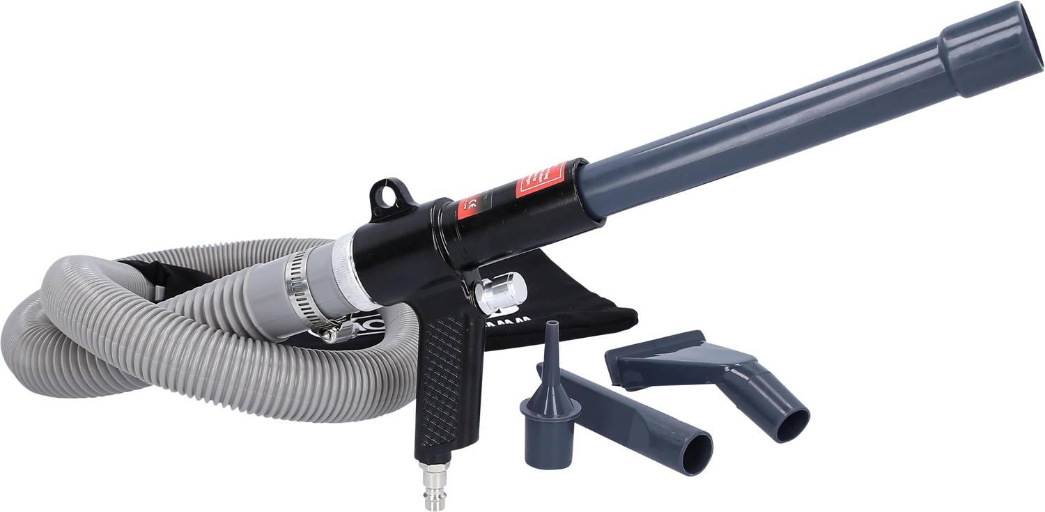 Ein pneumatischer Staubsauger mit Schlauch, Griff und mehreren Aufsätzen. Ideal zur Reinigung von Werkstätten oder Maschinen.