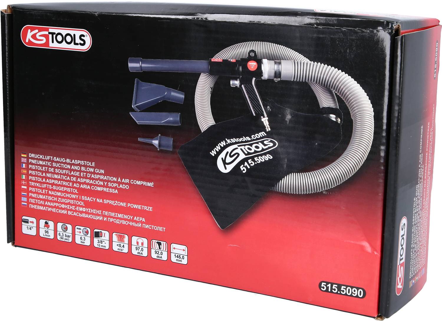 Eine KS Tools Druckluft-Saugblaspistole mit Zubehör, darunter verschiedene Düsen und ein Schlauch, auf einer Produktverpackung abgebildet.