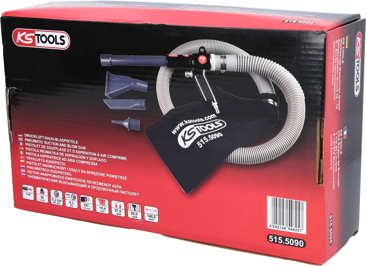 Verpackung eines KS Tools Sandstrahlgeräts mit Luftschlauch, Düse und Staubbeutel. Produktnummer und Website sind sichtbar.