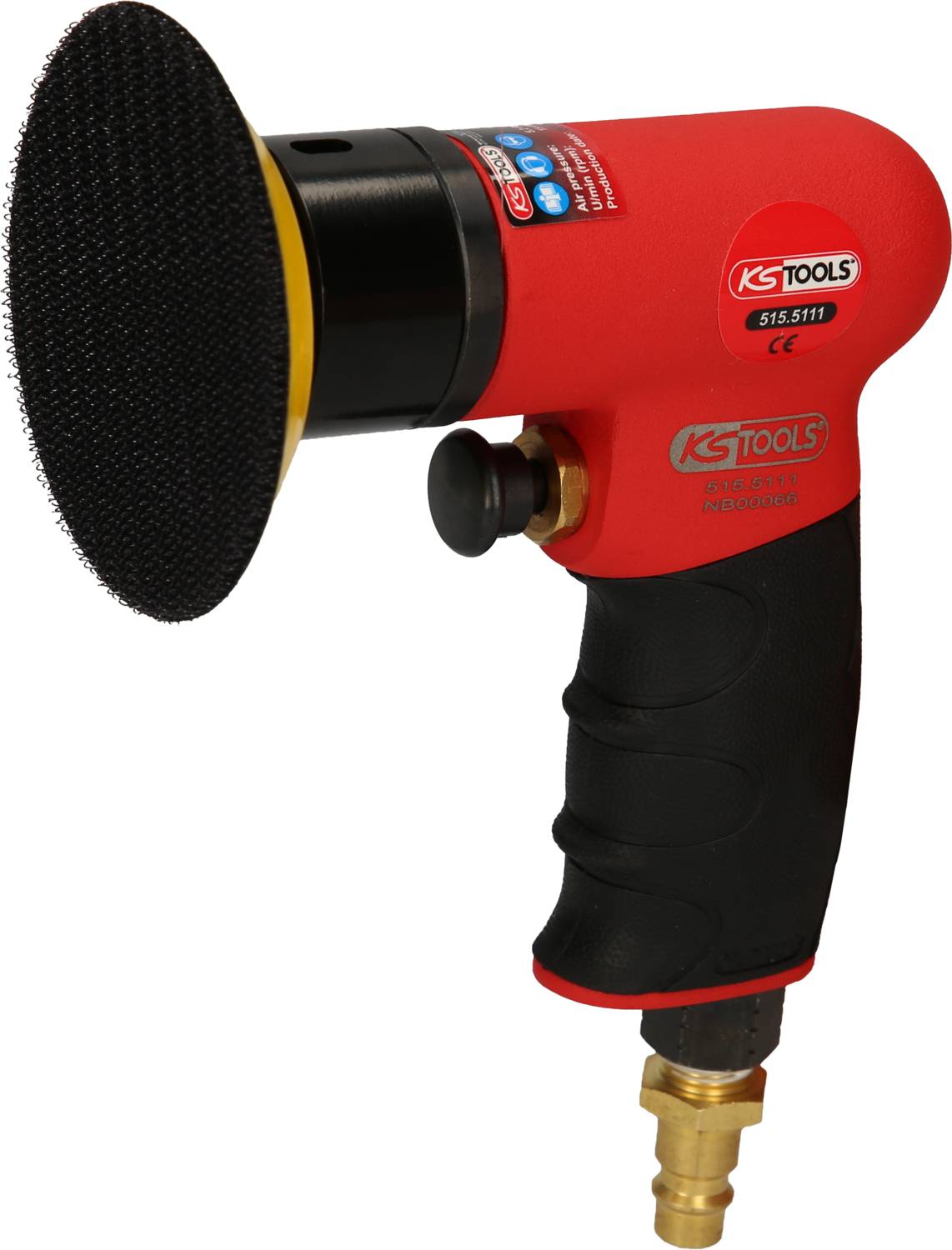 Roter Druckluft-Schleifer mit schwarzem Handgriff und gelbem Schleifteller, geeignet für präzises Schleifen und Polieren.
