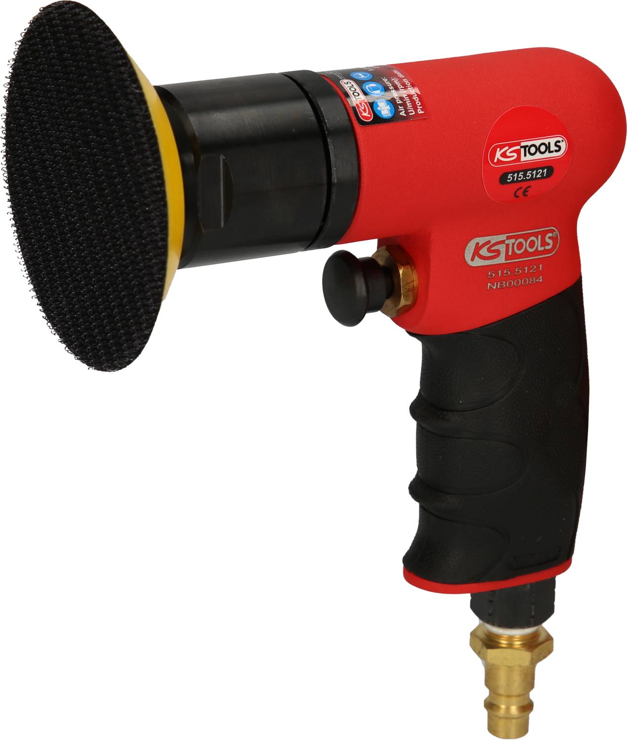 Roter, pneumatischer Exzenterschleifer mit schwarzem Handgriff und Schleifkopf. Produkt von KS Tools, für professionelle Anwendungen.