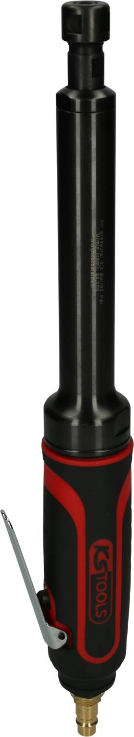 Schwarze und rote pneumatische Bohrmaschine mit langem, schlankem Gehäuse und Druckluftanschluss am unteren Ende.