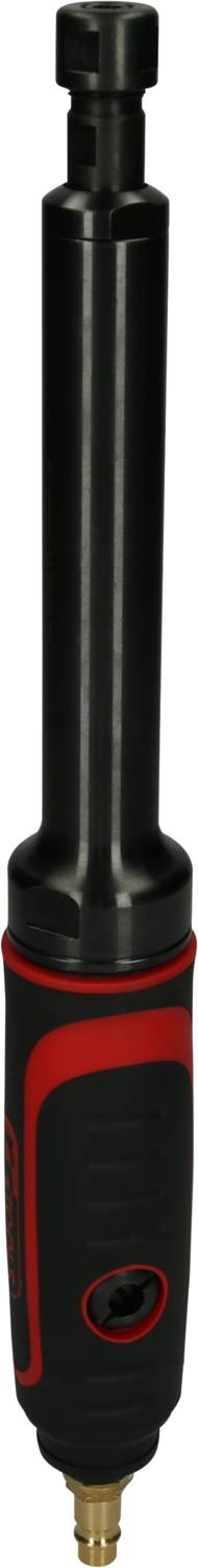 Schwarzer und roter Druckluft-Winkelschleifer mit langem Griff, geeignet für präzise Schleifarbeiten und schwer zugängliche Stellen.