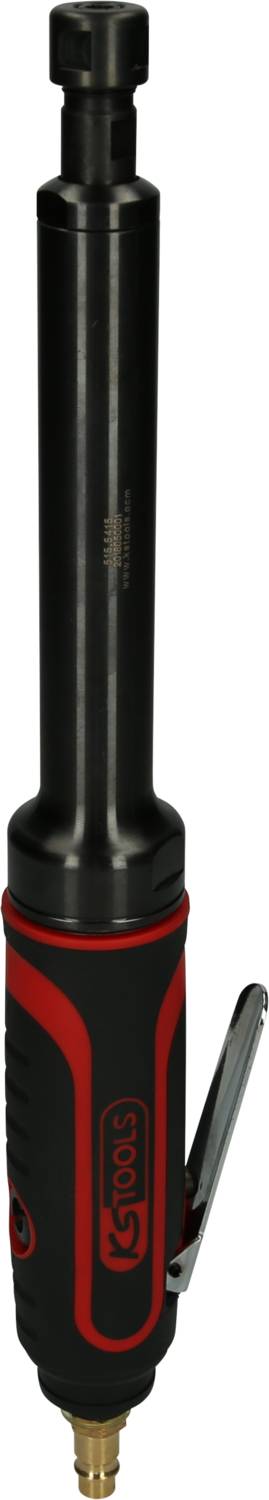 Ein pneumatischer Geradschleifer mit schwarzem Gehäuse und roten Akzenten. Er hat einen Metallhebel an der Seite für die Bedienung.