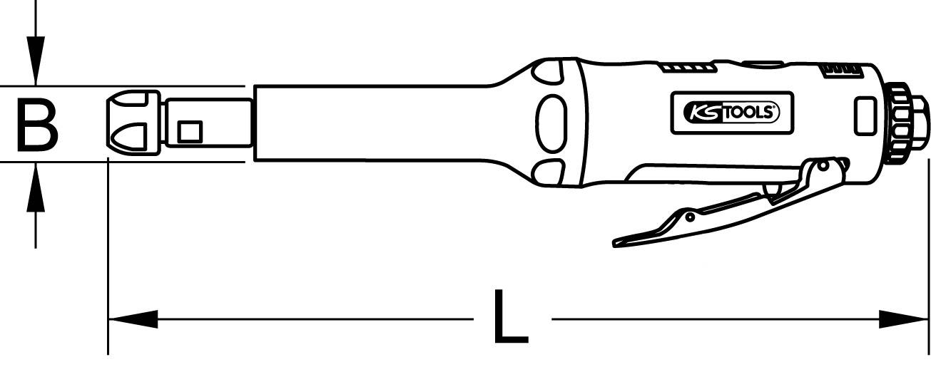 Zeichnung eines KS Tools Druckluft-Ratschenschraubers mit Maßen B und L an der Seite.