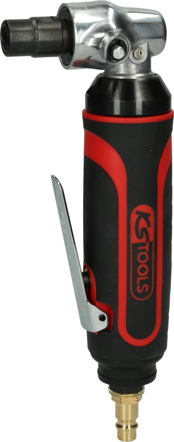 Luftbetriebenes, rot-schwarzes Winkelwerkzeug mit langem Griff, geeignet für Kfz-Reparaturen und Metallarbeiten.