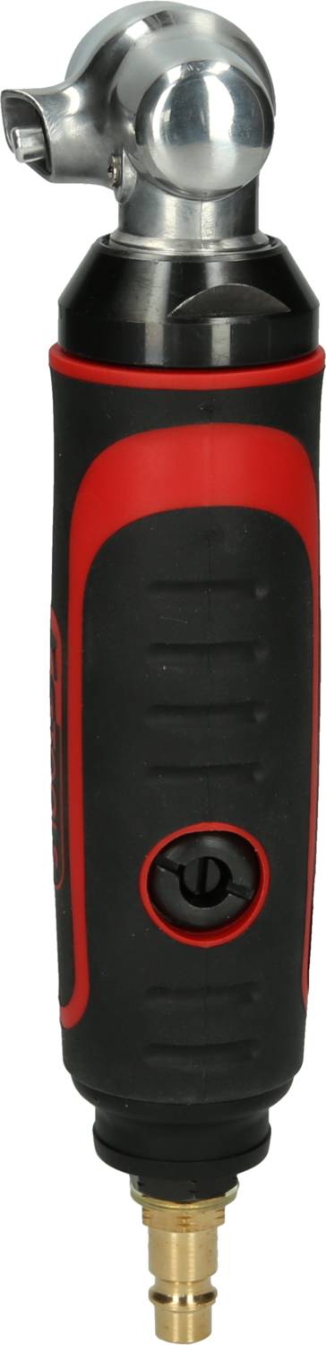 Luftbetriebener Winkelbohrer mit schwarzem und rotem Griff, oben mit Metallkopf und Schnellkupplung unten, für präzises Bohren an engen Stellen.