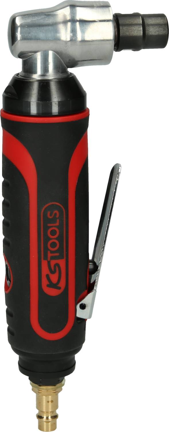 Druckluft-Winkelschleifer in Schwarz und Rot, mit Ein/Aus-Schalter und Schlauchanschluss, liegt seitlich auf hellem Hintergrund.