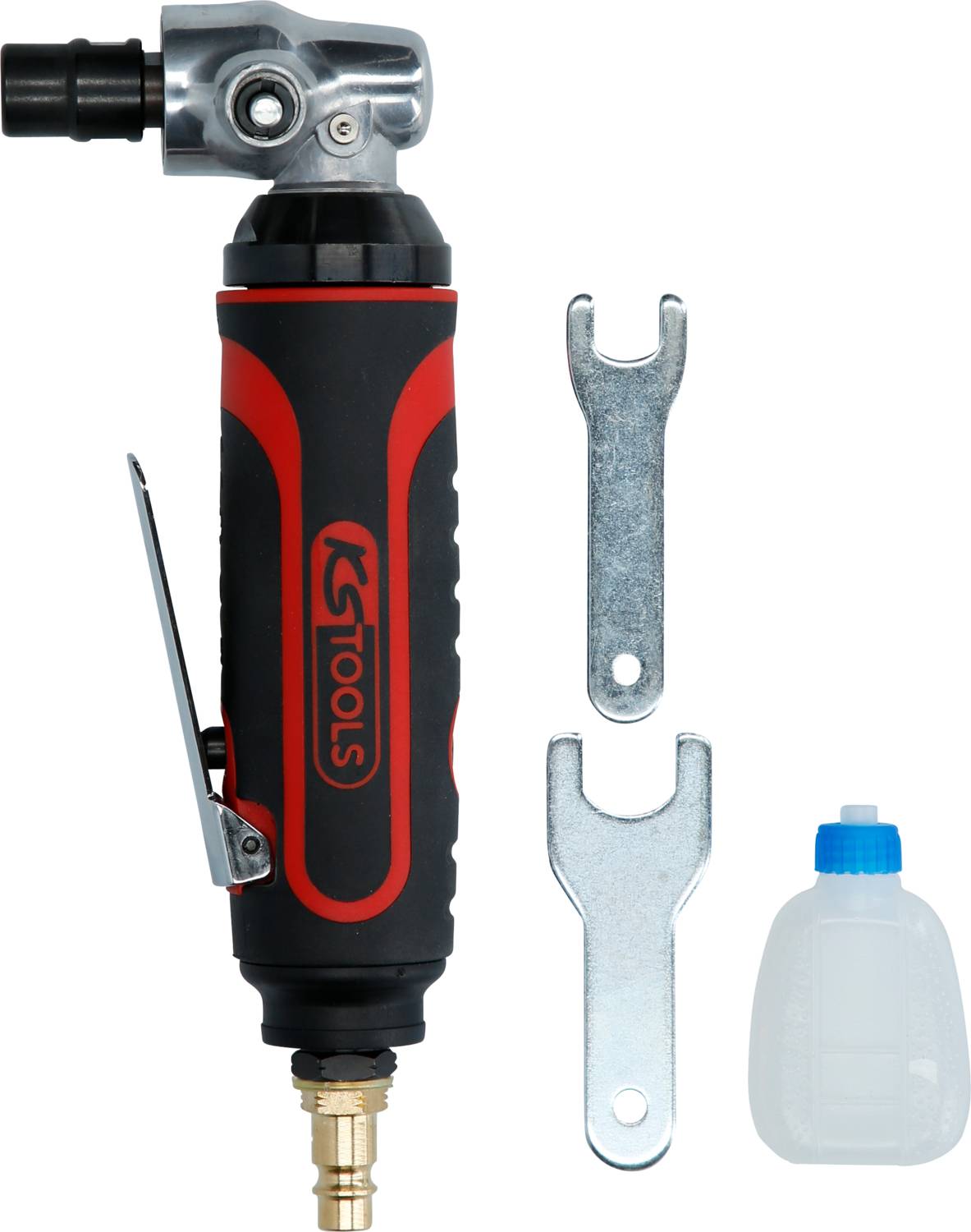 Ein Winkelschleifer mit rotem und schwarzem Griff, zwei Metallwerkzeuge zur Anpassung und eine kleine Plastikflasche.
