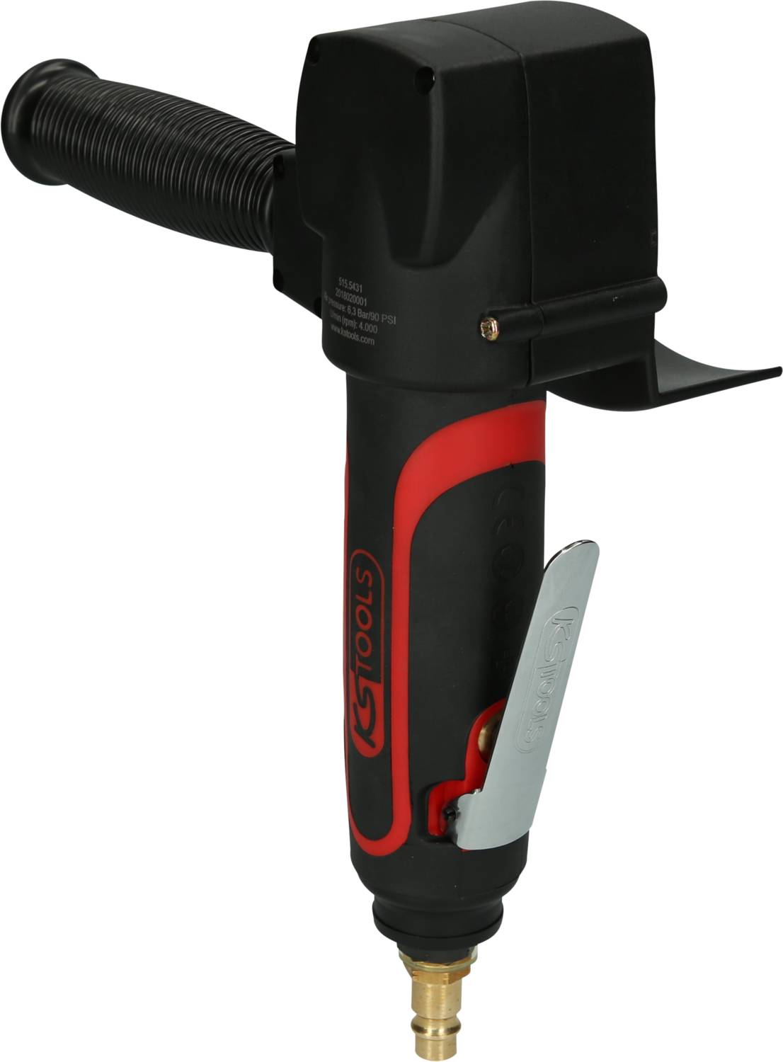 Druckluftschrauber mit ergonomischem Griff und rot-schwarzem Design, seitlichem Griff für Stabilität und Hebel zum Bedienen der Maschine.