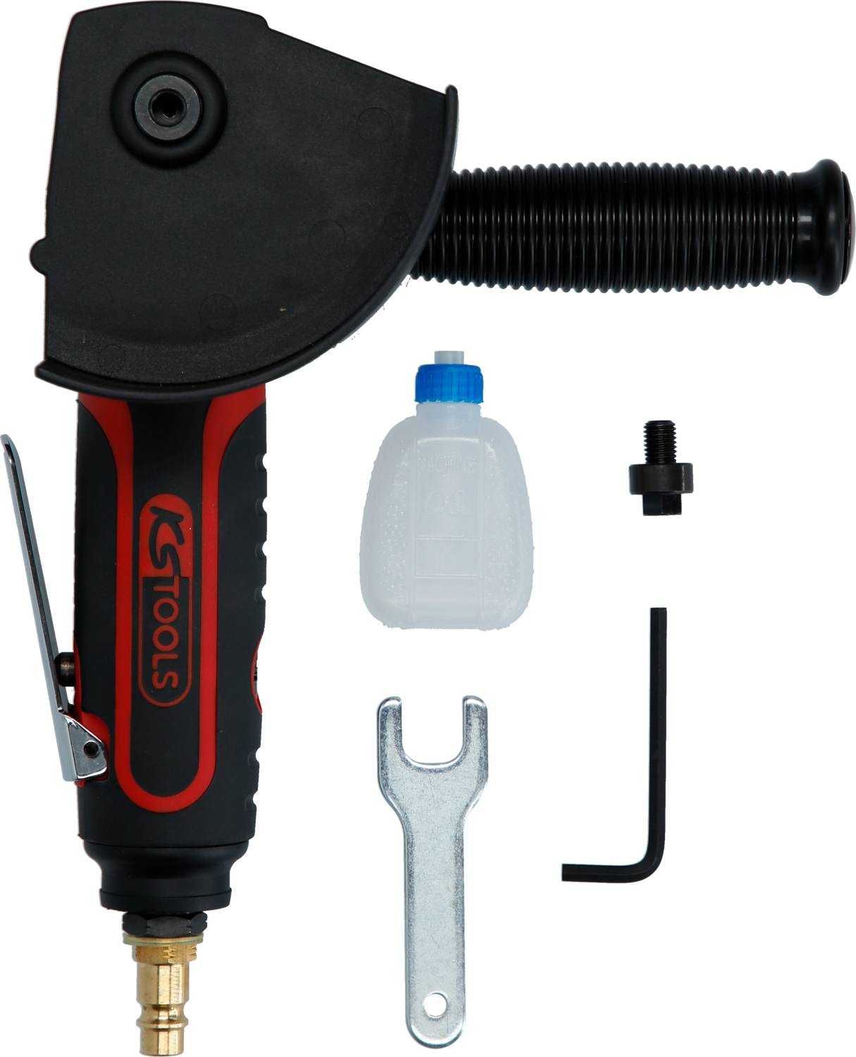 'Druckluft-Haftpistole' mit Zubehör: Adapter, Schraubenschlüssel, Inbusschlüssel. Primärfarbe Schwarz mit roten Akzenten.
