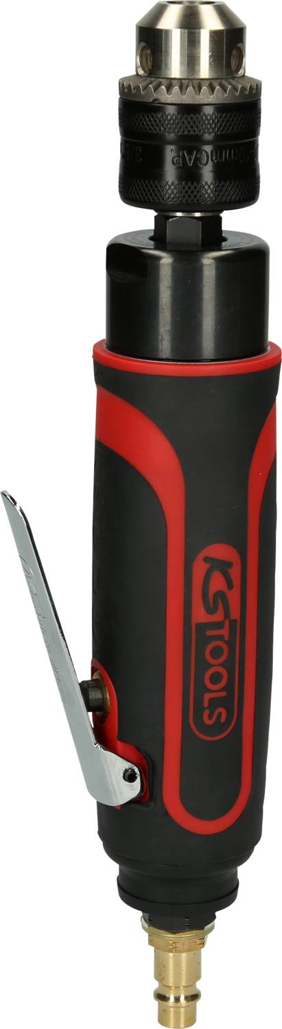 Druckluft-Werkzeug mit rotem und schwarzem Griff, metallischem Spannfutter und Hebel zur Steuerung. Verwendung für industrielle Anwendungen.