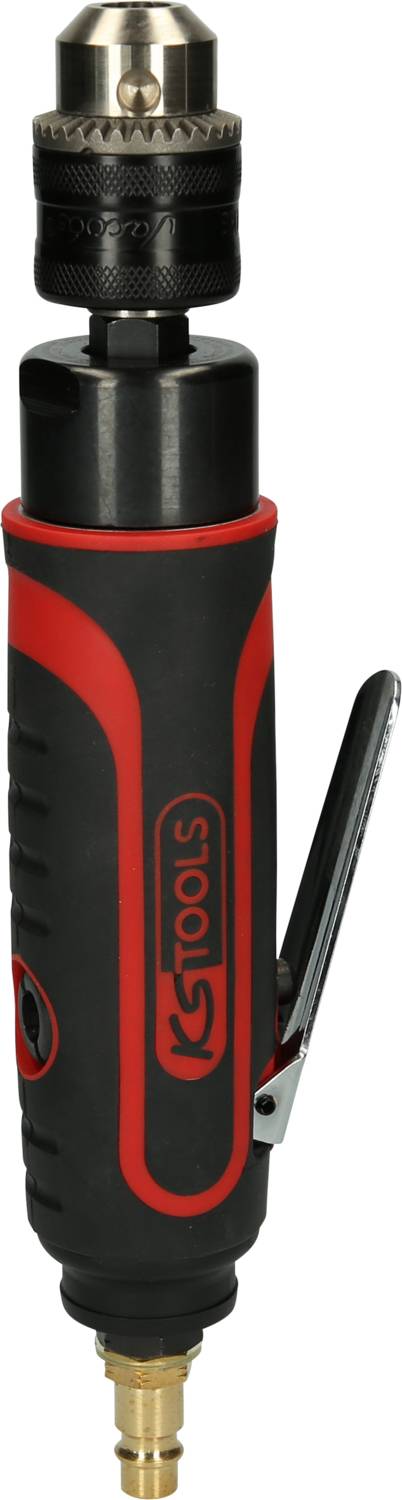 Ein pneumatischer Winkelschrauber mit rotem und schwarzem Griff, aus Metall mit Kunststoffelementen, für präzise Schraubarbeiten.