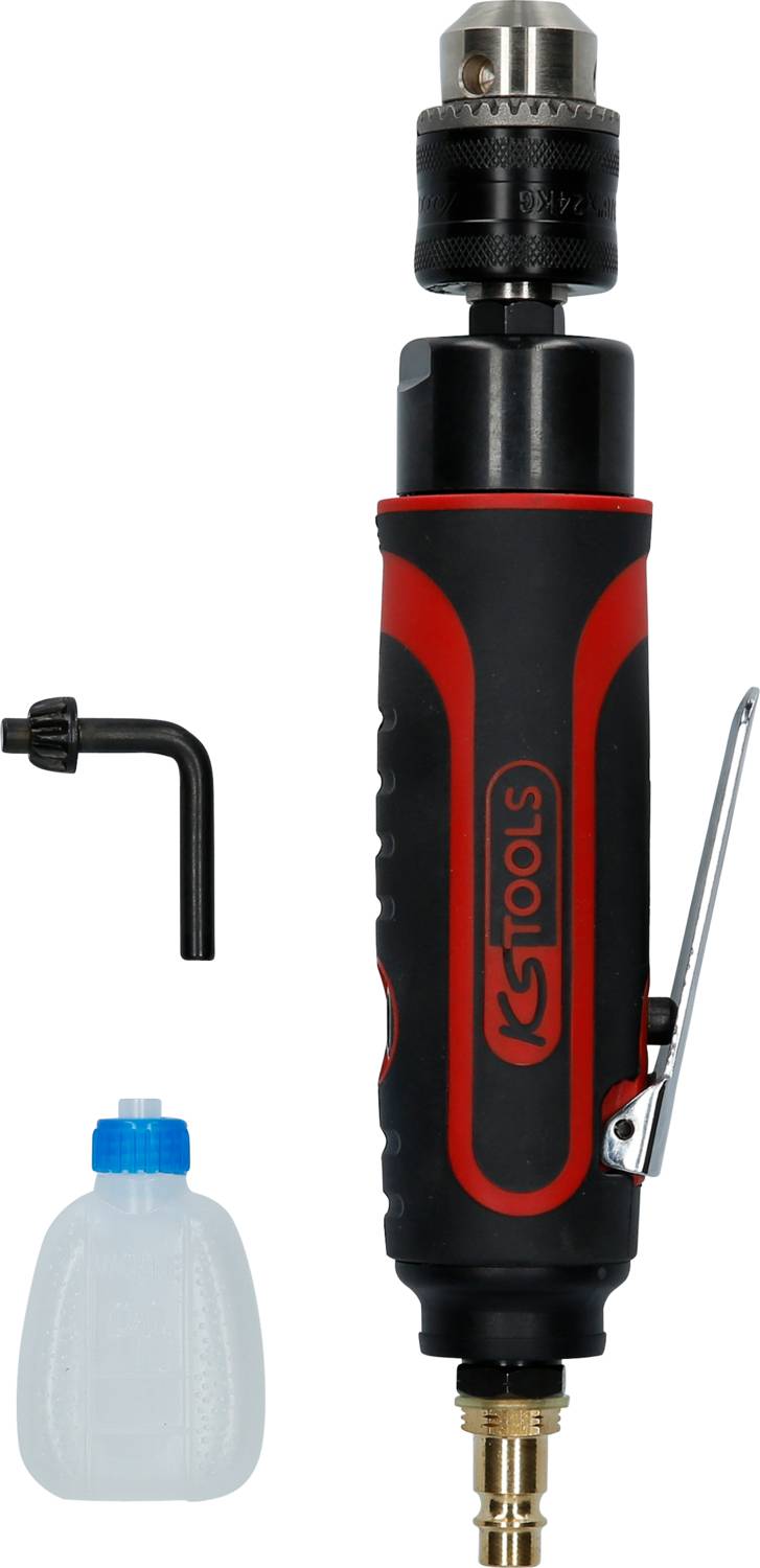 Bohrmaschine mit rotem und schwarzem Griff von KS Tools, abnehmbarer Bohrkopf. Beiliegend: Inbusschlüssel und Ölkanne.