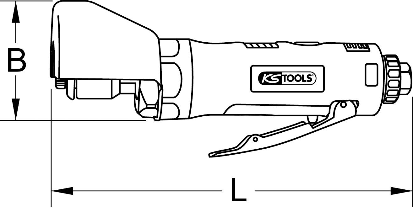 Technische Zeichnung eines Druckluft-Winkelschleifers von KS Tools mit den Maßen B und L, seitlicher Hebel sichtbar.