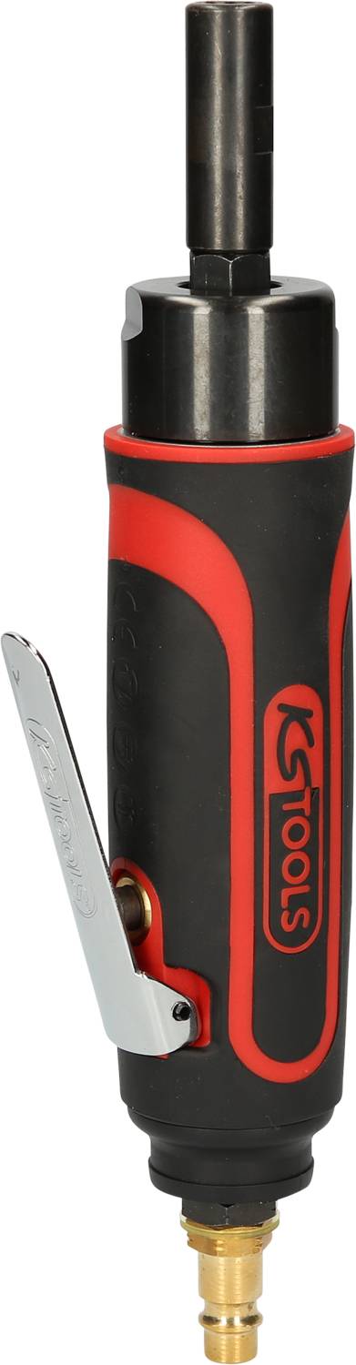 Pneumatisches Schleifwerkzeug mit schwarzem und rotem Griff. Geeignet für Polierarbeiten und Materialentfernung.