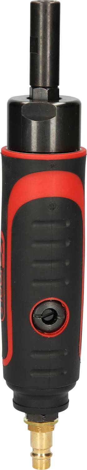 Schwarzes und rotes Druckluftwerkzeug mit schwarzem Griff und Messinganschluss, vertikal ausgerichtet.