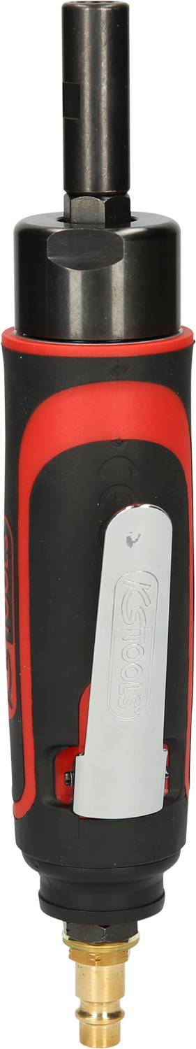 Druckluft-Schleifmaschine mit rotem und schwarzem Gehäuse, oben eine schwarze Metallspindel, unten goldfarbener Anschluss.