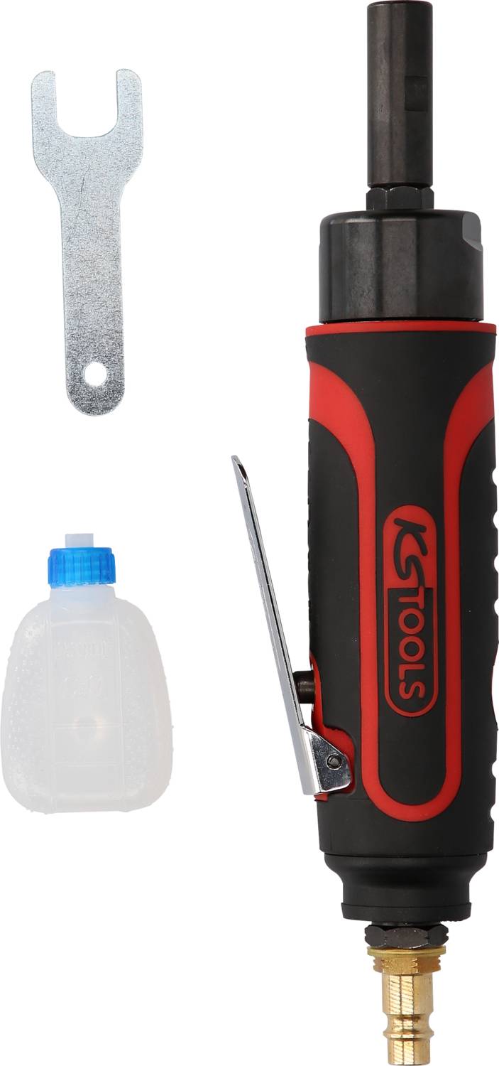 Druckluftschrauber mit Schmierölflasche und Schraubenschlüssel. Ideales Set für präzise Schraubaufgaben in der Werkstatt.