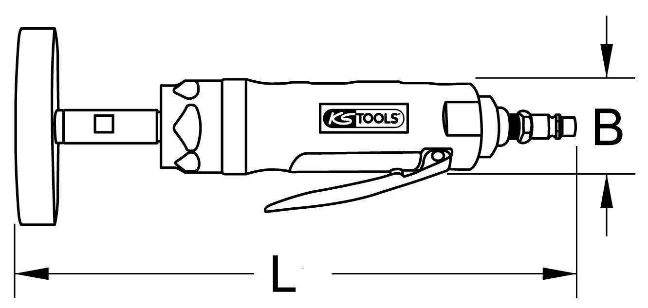 Pneumatischer Schleifer mit Druckluftanschluss, Hebel und KS Tools Logo. Maße: Länge 'L', Durchmesser 'B'. Werkzeugdarstellung.