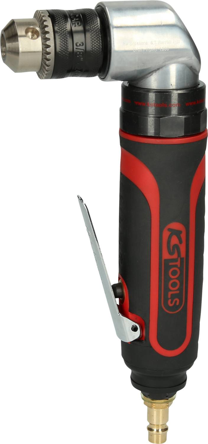 Ein pneumatischer Winkelbohrer mit einem rot-schwarzen Griff und einem Schnellspannfutter, ideal für schwer zugängliche Stellen.