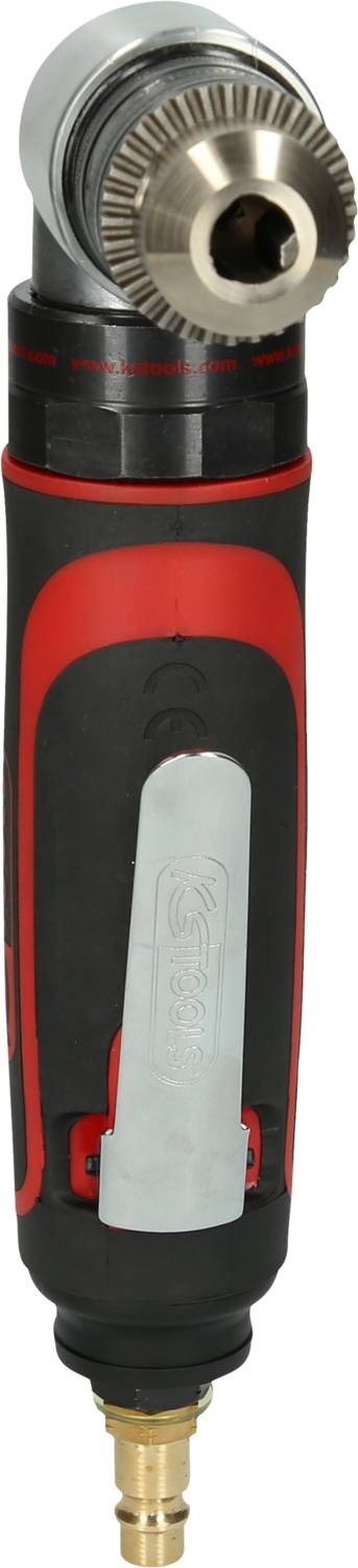 Ein schwarzer und roter pneumatischer Winkelschrauber mit einem robusten Metallgetriebeaufsatz, geeignet für präzises Arbeiten.