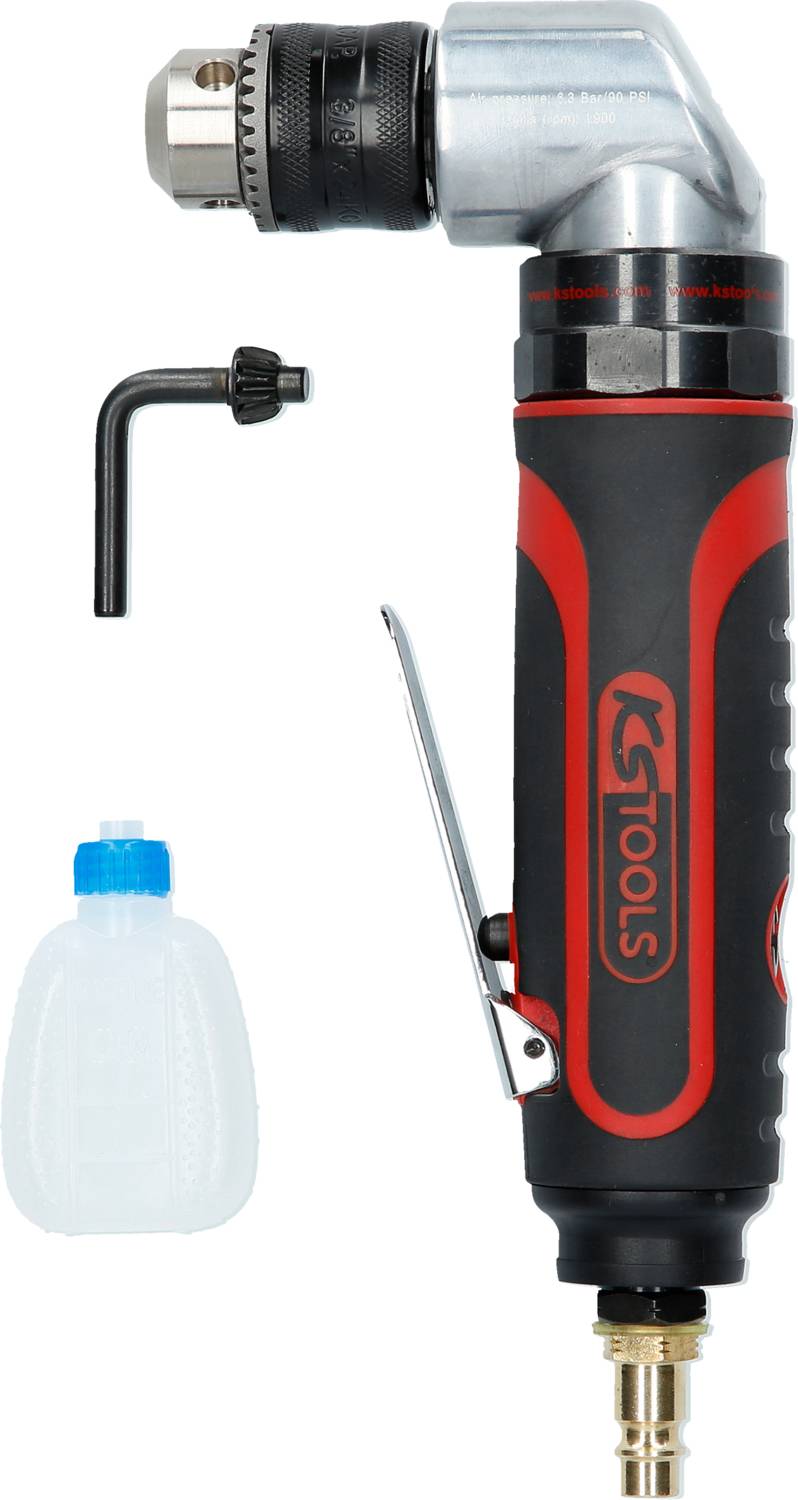 Druckluft-Winkelbohrmaschine mit rotem Griff, L-förmiger Inbusschlüssel und kleiner Ölflasche. Markenlogo auf der Bohrmaschine.