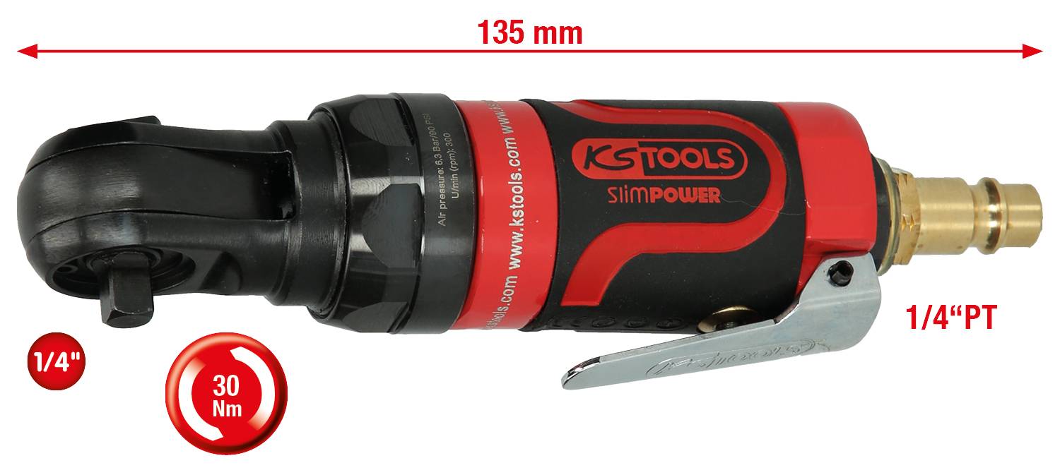 Das Bild zeigt einen pneumatischen Ratschenschrauber der Marke 'KS Tools', Länge 135 mm, mit Drehmoment von 30 Nm und 1/4