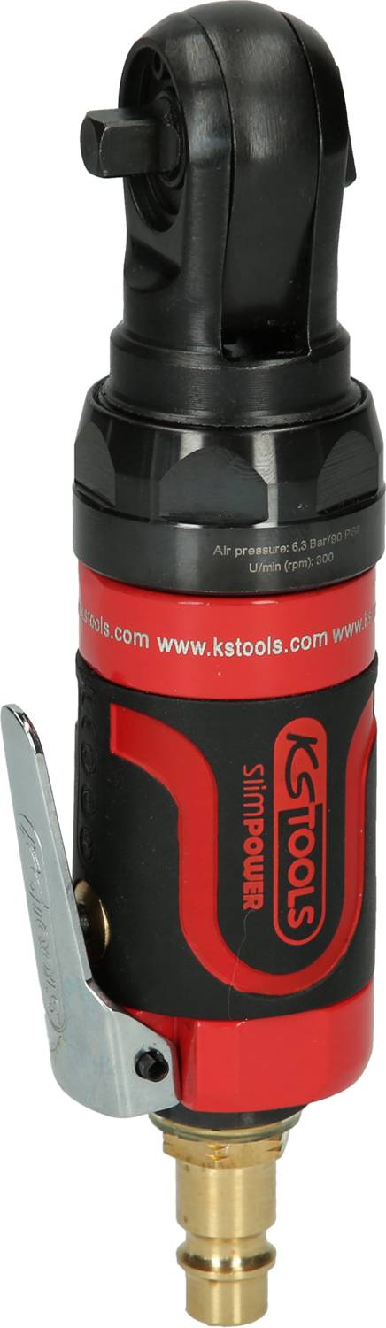 Ein rotes und schwarzes pneumatisches Werkzeug mit einem Metallschalter und einem Drehkopf. Es hat die Marke 'KS Tools' aufgedruckt.