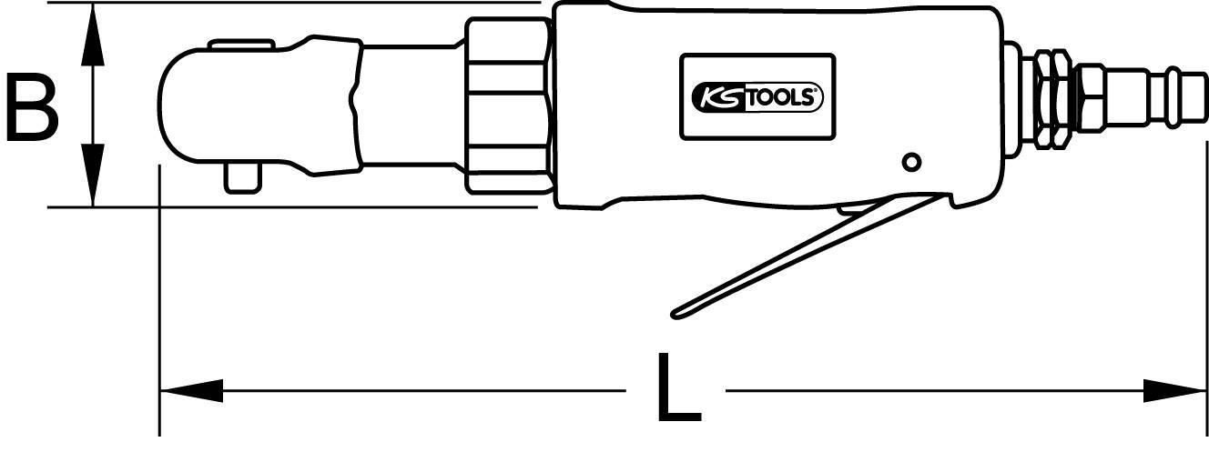 Die Abbildung zeigt eine technische Zeichnung eines pneumatischen Werkzeugs mit Maßen B und L. Gerät mit Hebel und Logo.