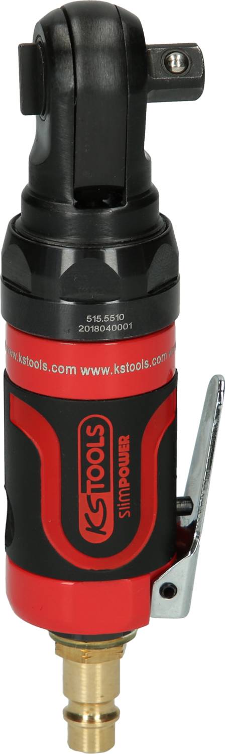 Ein rotes und schwarzes Druckluftwerkzeug von KS Tools mit Hebelgriff und Anschlussdüse, aufrecht stehend.