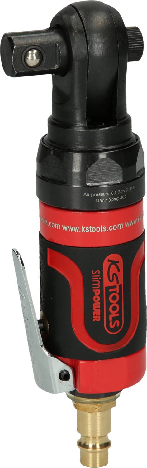 Ein pneumatischer Ratschenschrauber in rotem Design mit 'KS Tools'-Logo, schwarzem Kopf und Hebel. Geeignet zum Lösen von Schrauben.