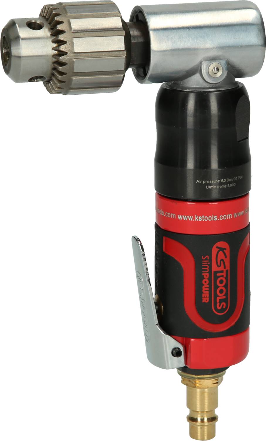 Druckluft-Winkelbohrmaschine, grau-schwarz-rot, mit Metallbohrfutter und Hebel, Marke KS Tools, auf weißem Hintergrund.
