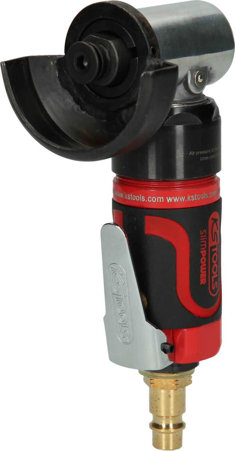 Ein roter Druckluft-Winkelschleifer mit schwarzem Griff und Schutzhaube, geeignet für präzise Schleifarbeiten.