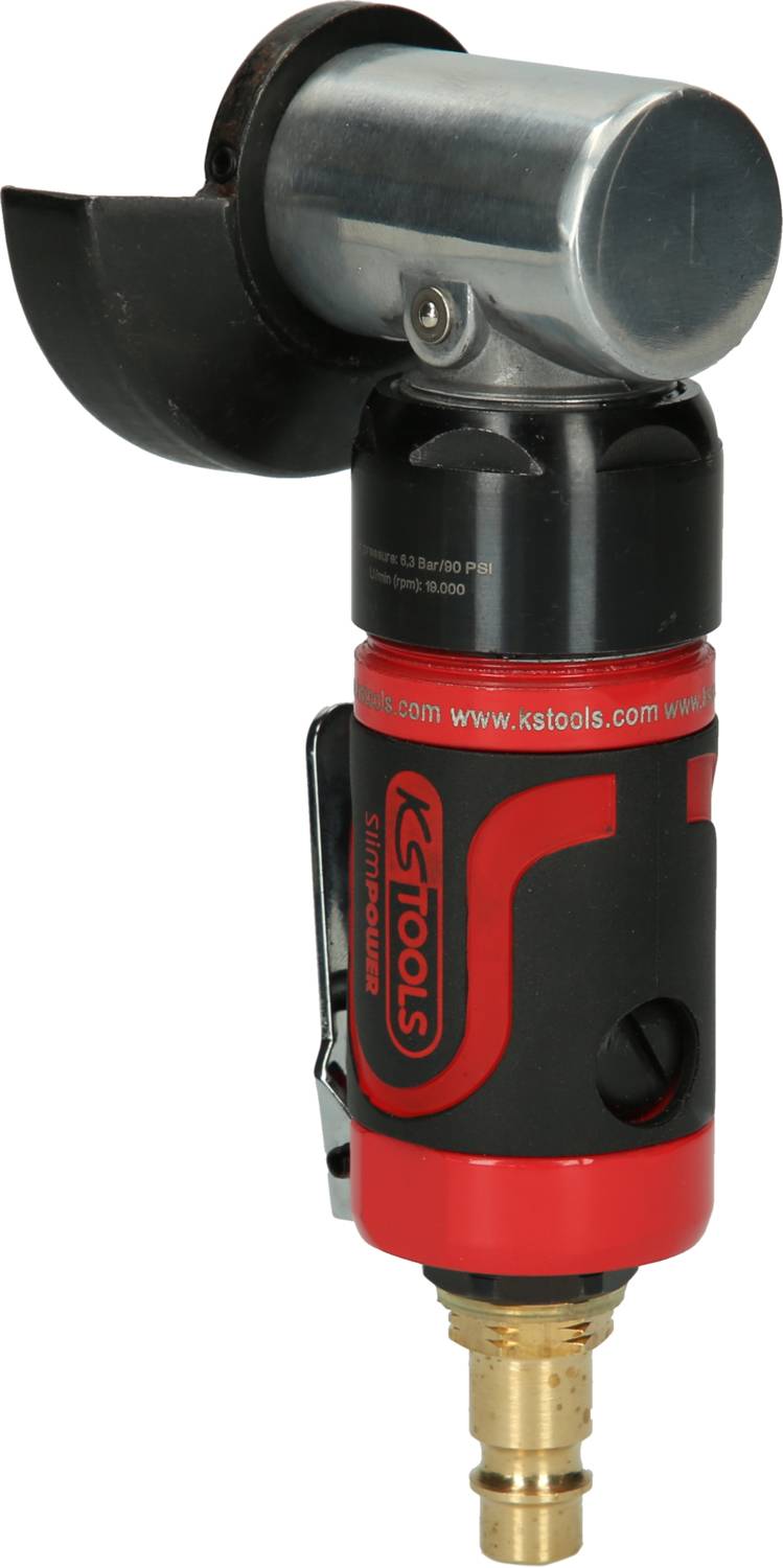 Ein rotes Druckluftwerkzeug mit schwarzem Griff, silbernem Kopf und Schutzschild. Wird zum Schleifen oder Schneiden verwendet.