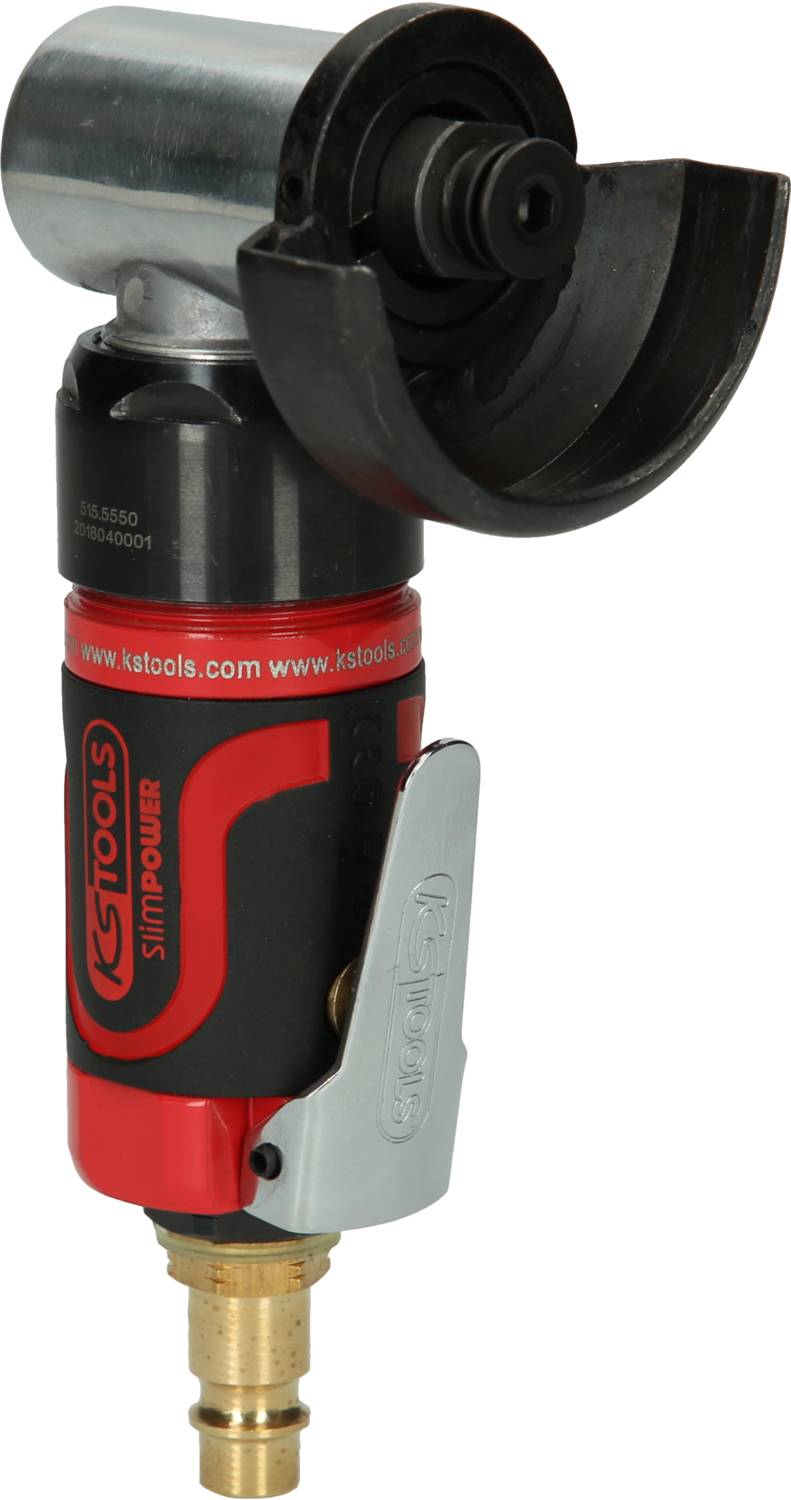 Winkelschleifer mit rotem und schwarzem Gehäuse, silbernem Schutz und gelbem Anschluss. Verwendet zum Schleifen und Schneiden von Materialien.